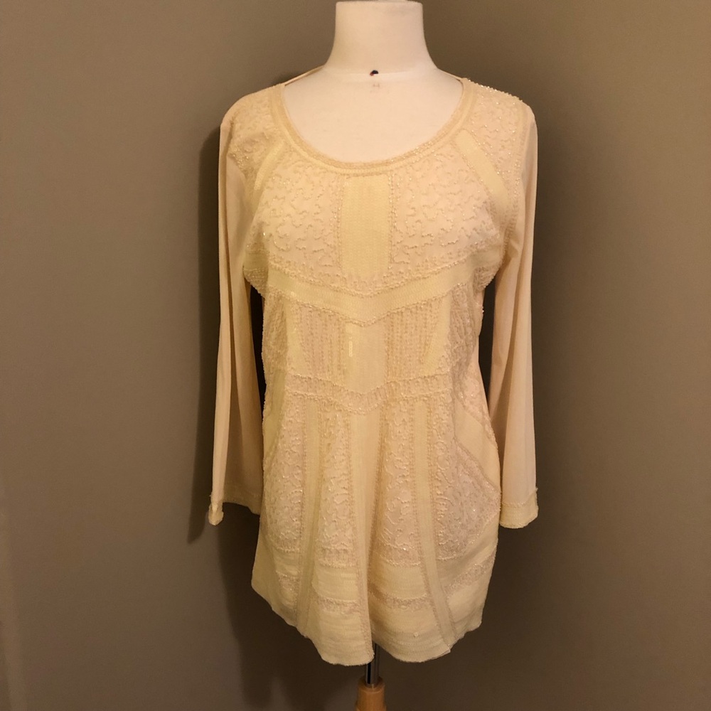 Ameri Mode Long Sleeve Yellow Blouse with Beaded Front Detail Size S/M